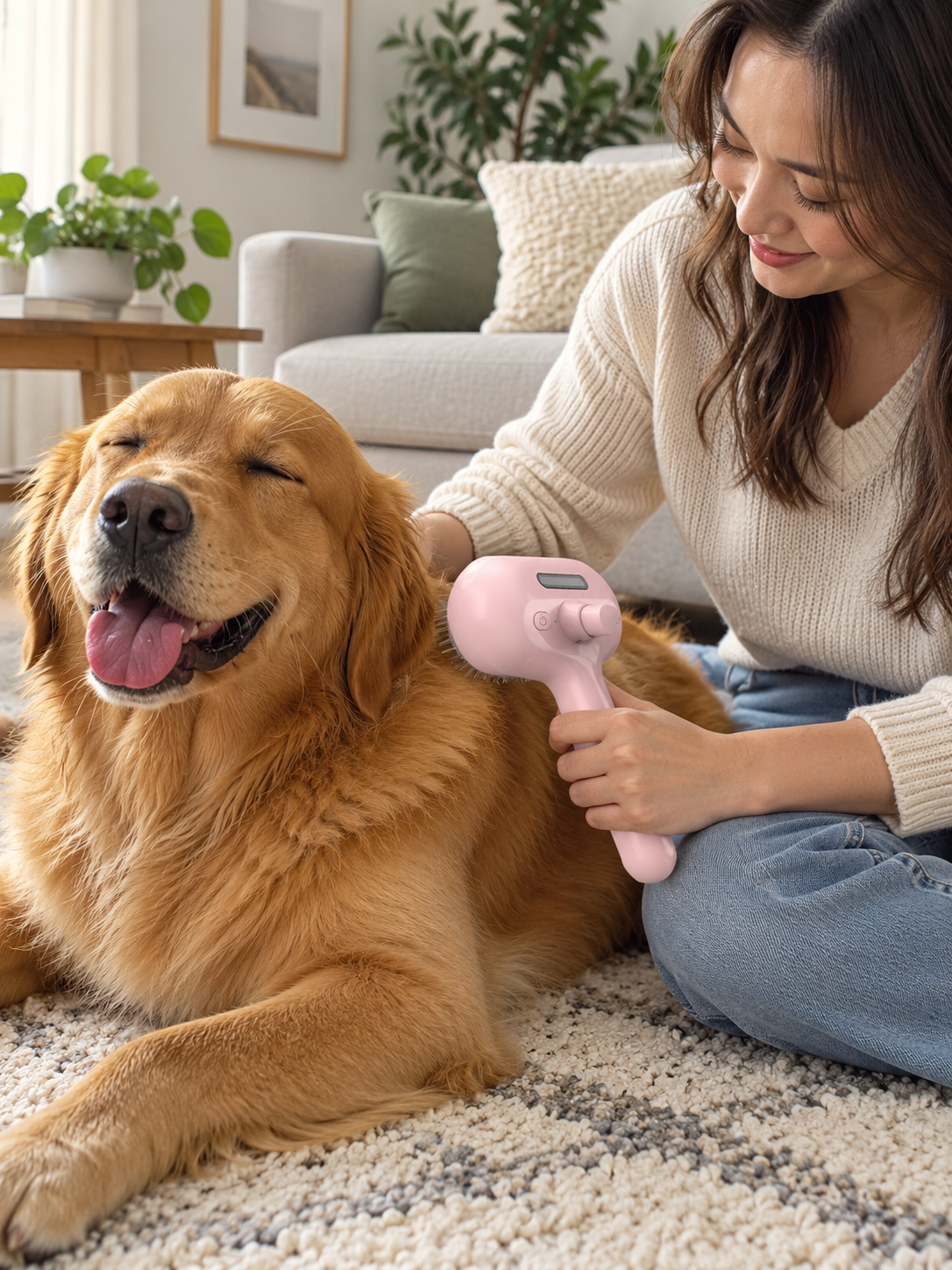 AquaGroom™ Pet Mist Brush in an everyday home setting