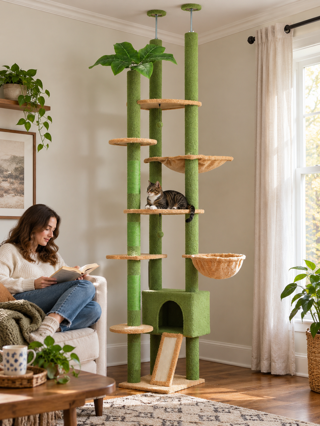 Cactus Floor-to-Ceiling Cat Tower in an everyday home setting